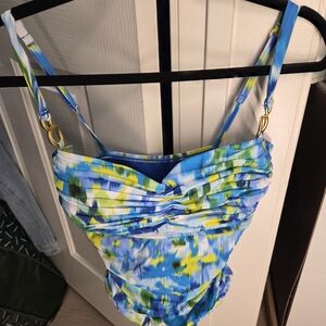 Blue and Yellow Ruched Swimsuit